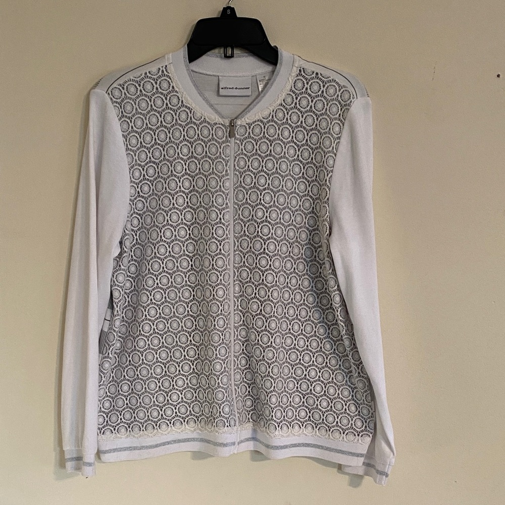 Alfred Dunner White Cardigan with Circular Gray Design